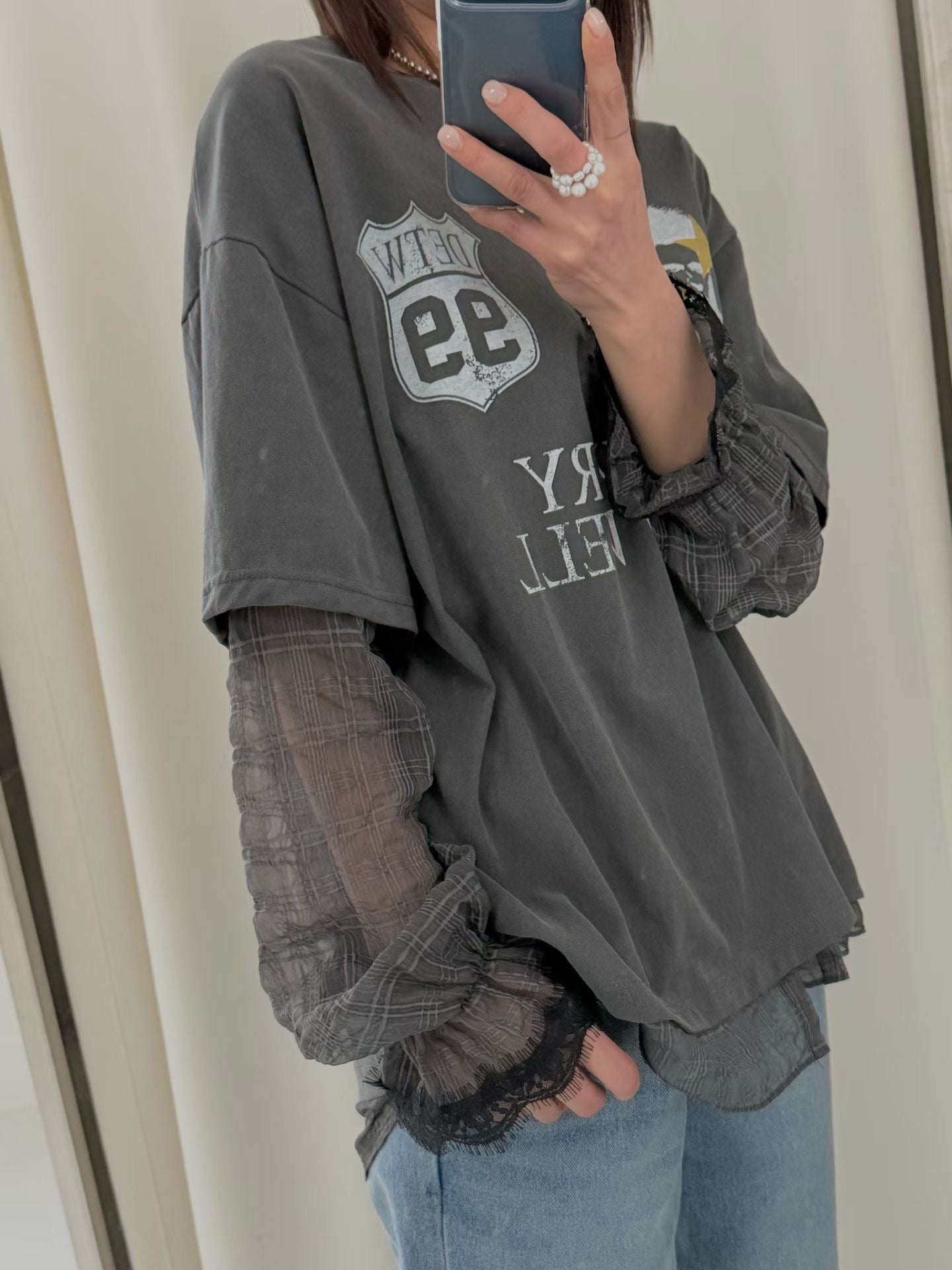 SS26 假兩件拼格仔紗紗袖