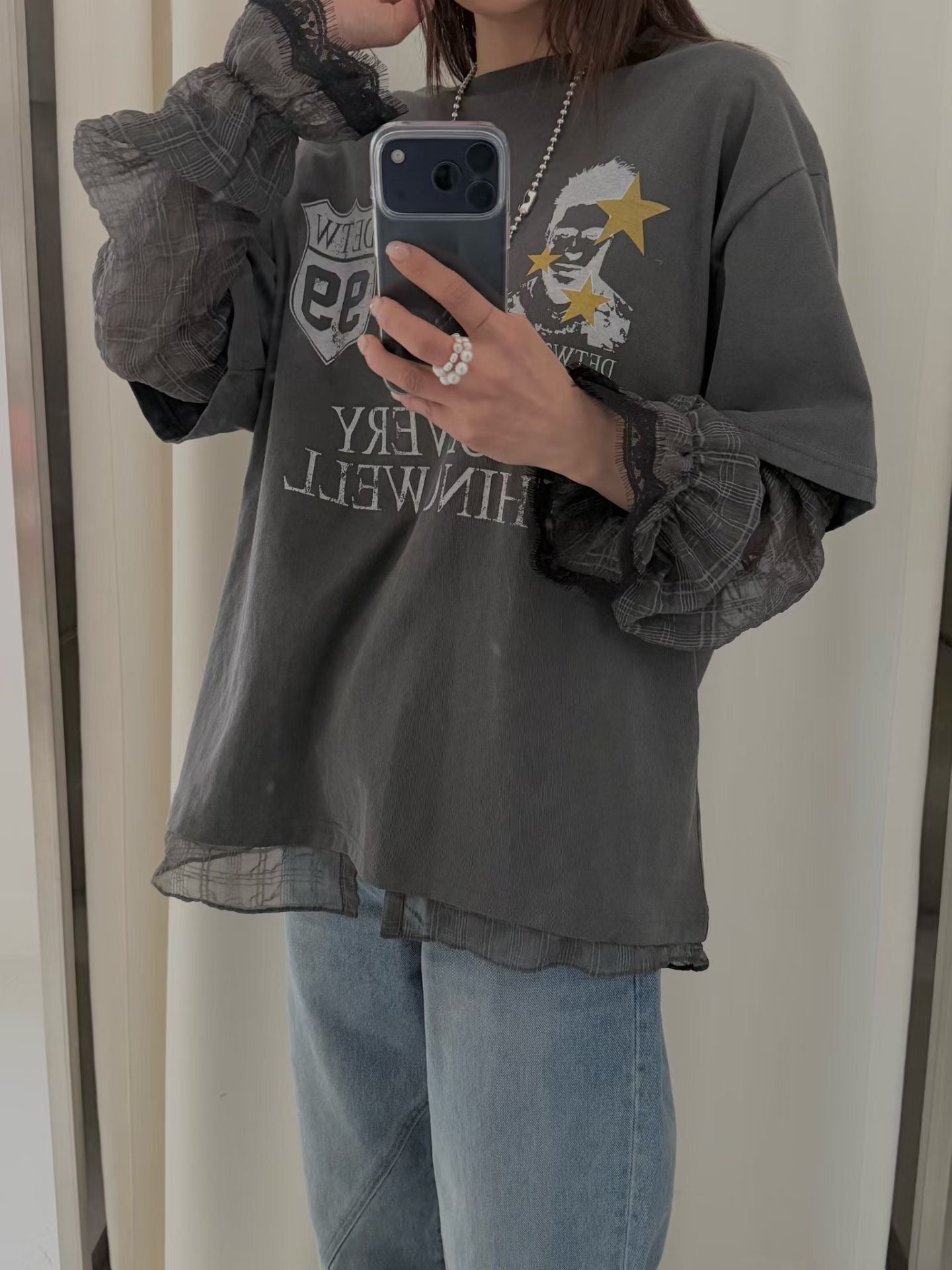 SS26 假兩件拼格仔紗紗袖