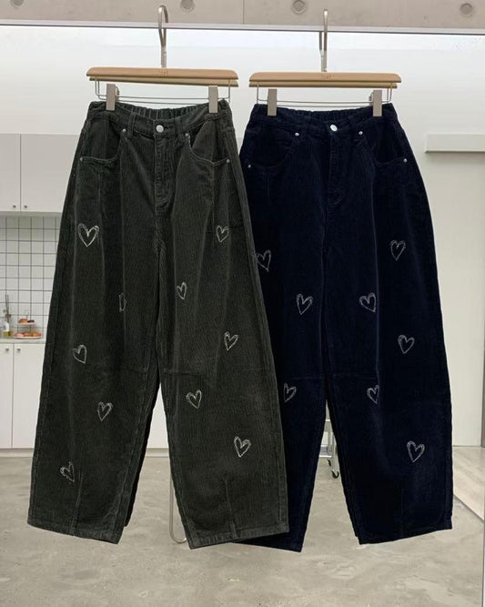 燈芯絨長褲印心心pattern