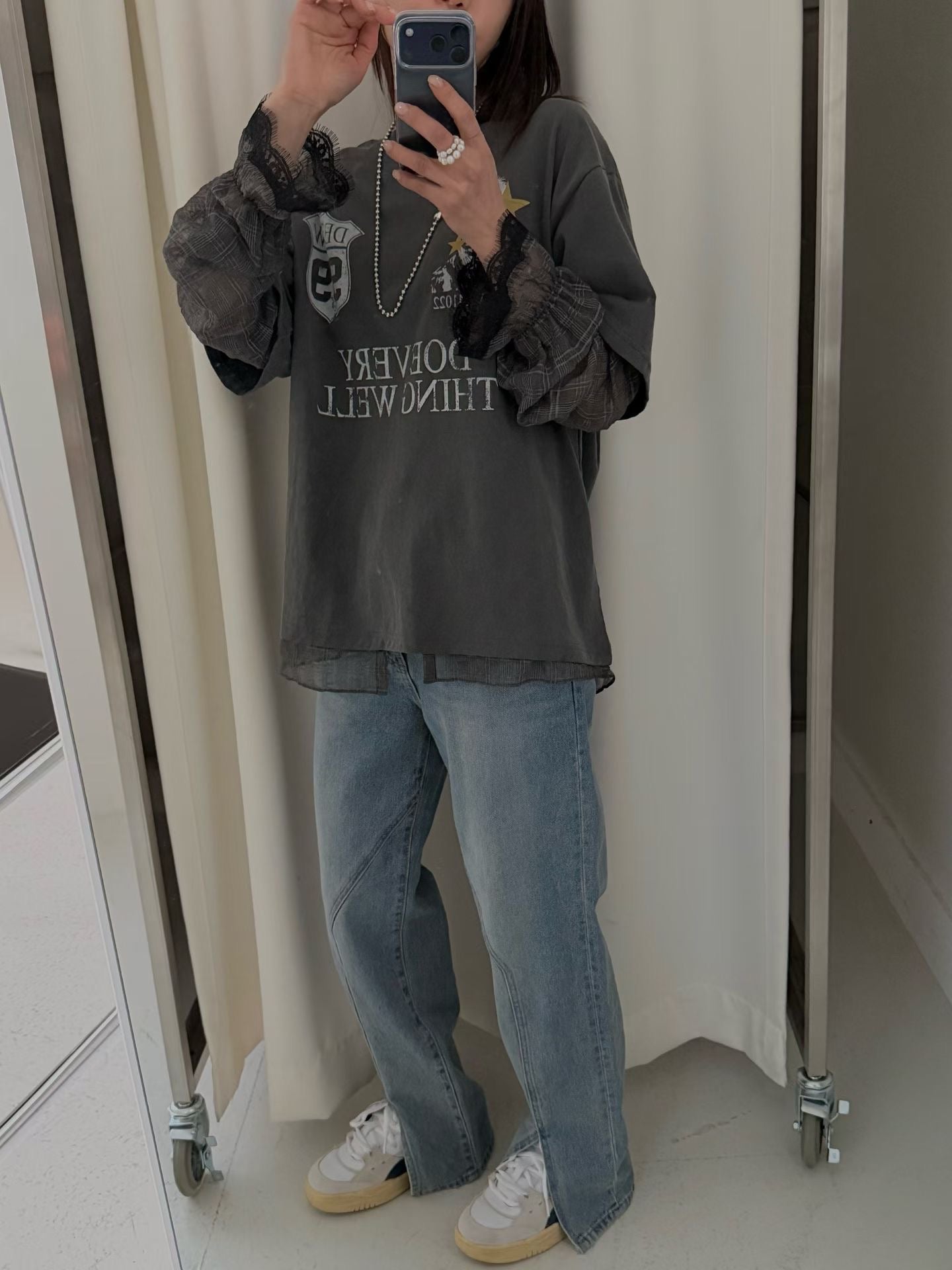 SS26 假兩件拼格仔紗紗袖