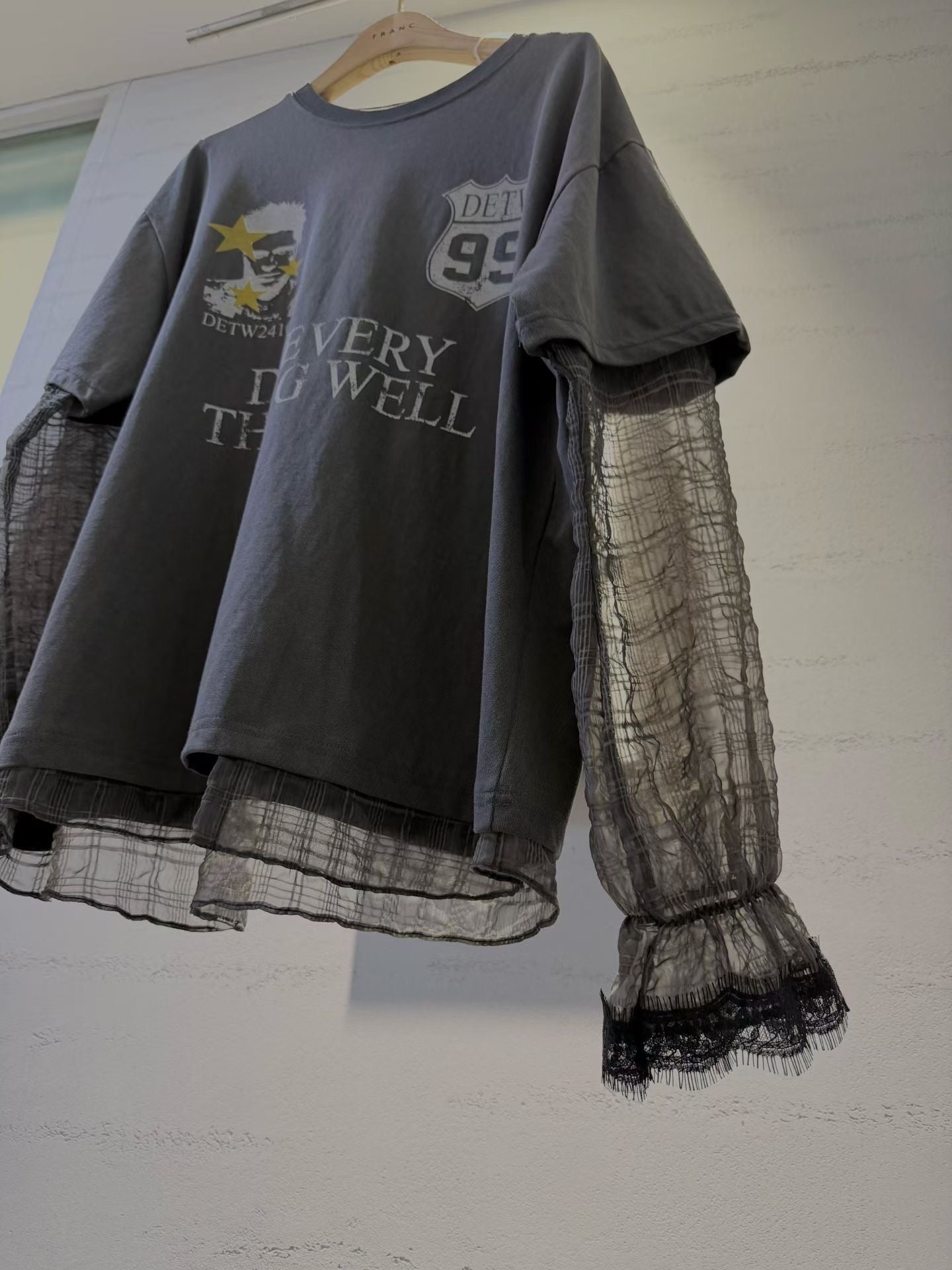 SS26 假兩件拼格仔紗紗袖